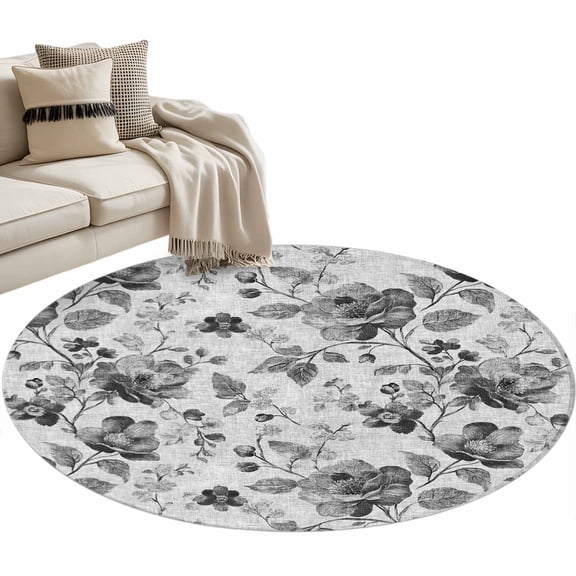 Vintage Floral Round Rug 3.3ft Washable Circle Entryway Rugs Non Slip Spring Botanical Flowers Leaves Botanical Gray Area Rug Carpet for Bedroom Kitchen Living Room Home Office Dining Room Nursery