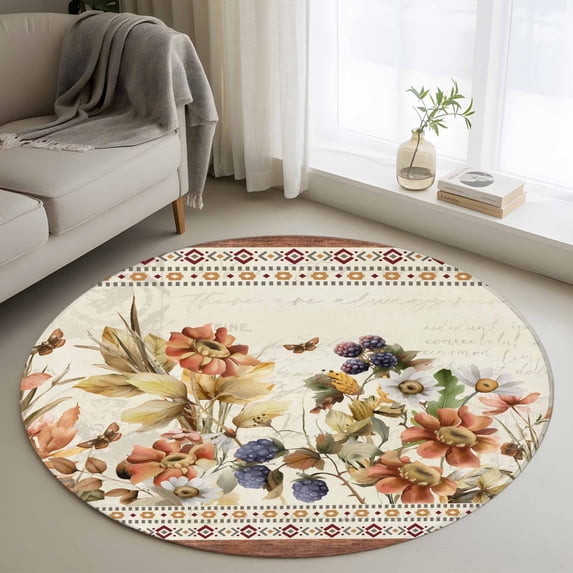 Vintage Floral Round Rug 3ft Washable Circle Entryway Rugs Non Slip Elegant Pastoral Botanical Retro Art Area Rug Indoor Floor Carpet for Bedroom Kitchen Living Room Home Office Dining Room Nursery