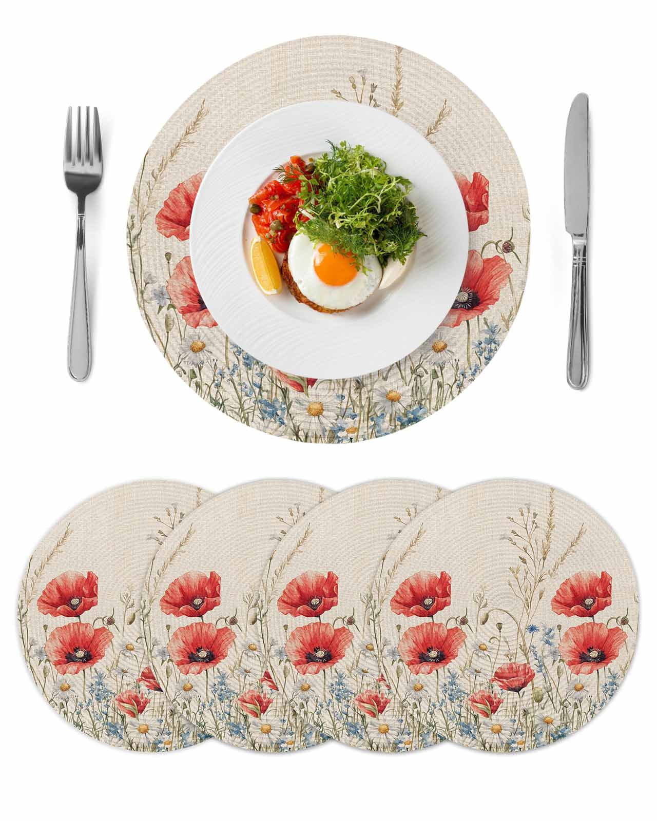 Vintage Floral Round Table Placemats set of 4, Wildflower Daisy Washable Woven Place Mats for Dining Tables Kitchen Party Decor,Heat Proof, 15in, Red Blue Beige
