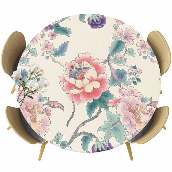 Vintage Floral Round Tablecloth 55-60 Inch Round Fitted Table Cloth with Elastic Edge, Watercolor Farmhouse Botanical Flowers Waterproof Table Cover Protector for Outdoor Picnic Party Dining