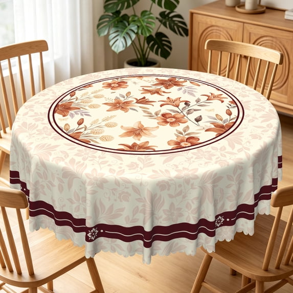 Vintage Floral Round Tablecloth,60 Inch,Waterproof Oil-proof Beige Table Cover For Home Kitchen Dining Picnic Party Decor