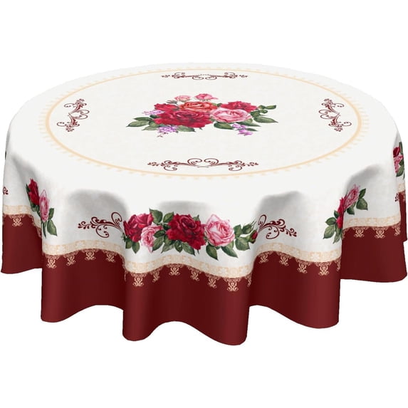 Vintage Floral Round Tablecloth 70 Inch Valentines Day Red White Elegant Rose Flower Table Cloth Mothers Day Table Cover for Kitchen Dining Room Party Decor