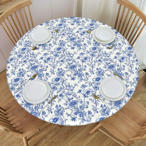 Vintage Floral Round Tablecloth Navy Blue Flowers Table Cover with Elastic Edge Washable Fitted Table Cloth for Kitchen Patry Outdoor Decor Fits 36"-44", Small