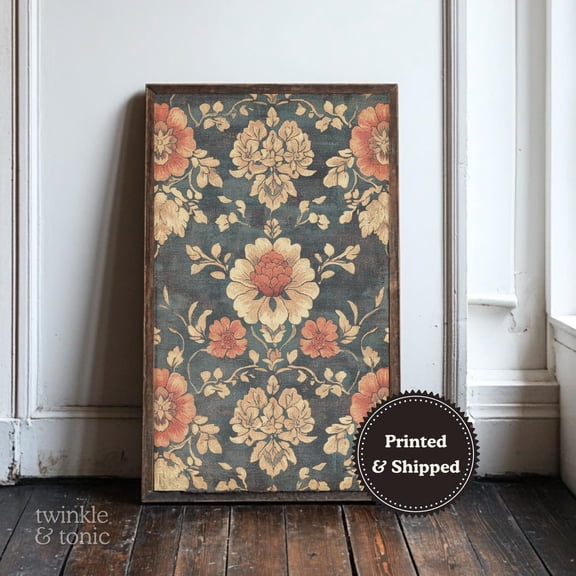 Vintage Floral Rug Print Blue and Red Textile Art Rustic Boho Antique Victorian Decor Baroque
