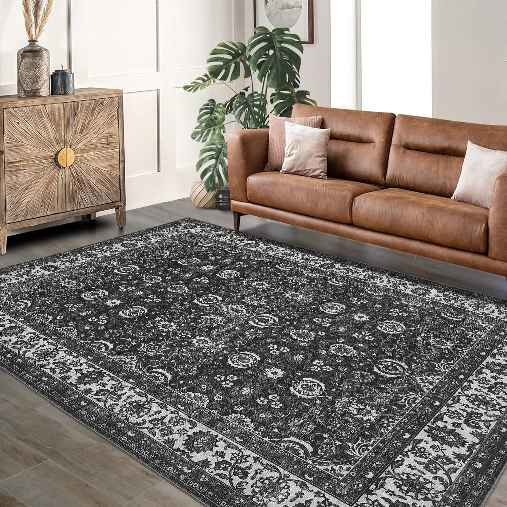 Vintage Floral Rugs 10x13, Washable Area Rug with Non Slip Backing, Low Pile for Living Room, Bedroom & Home Decor Black