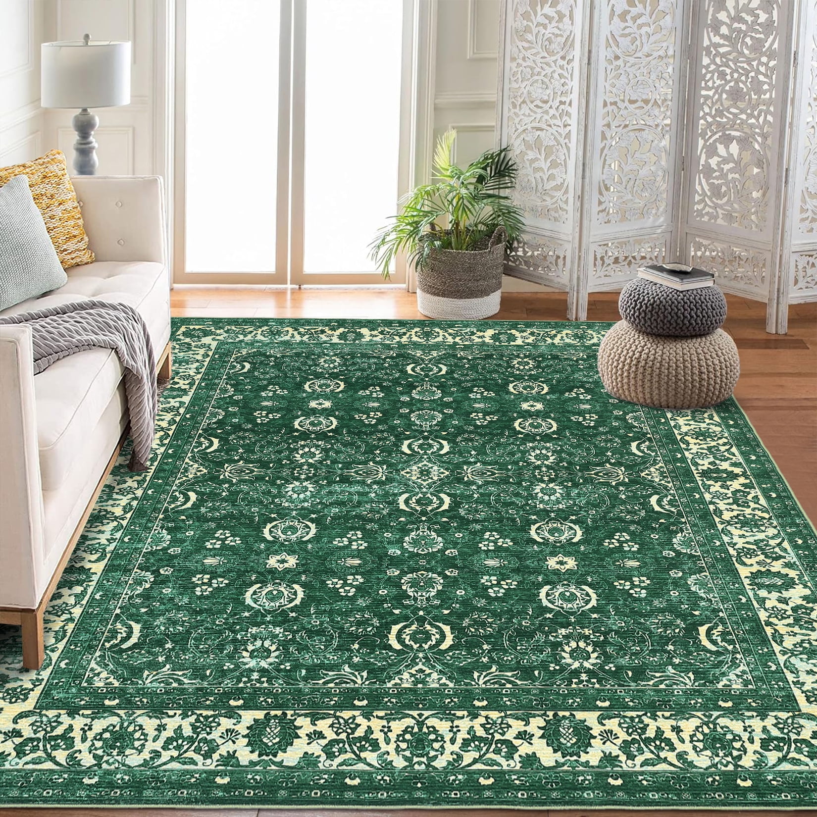 Vintage Floral Rugs 9x12, Washable Area Rug with Non Slip Backing, Low Pile for Living Room, Bedroom & Home Decor Green