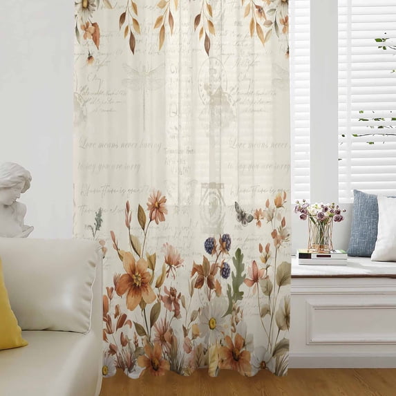 Vintage Floral Semi Sheer Curtains Drapes for Living Room, Bedroom, French Doors Window 54 Inches Long, Spring Flowers Eucalyptus Leaves Rod Pocket Chiffon Curtain Drapery Voile Draperies Panel