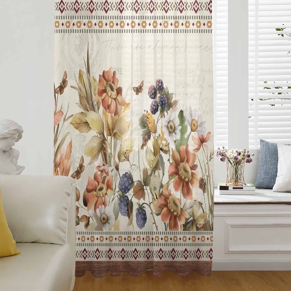 Vintage Floral Semi Sheer Curtains Drapes for Living Room, Bedroom, French Doors Window 84 Inches Long, Elegant Pastoral Botanical Retro Art Rod Pocket Chiffon Curtain Drapery Voile Draperies Panel