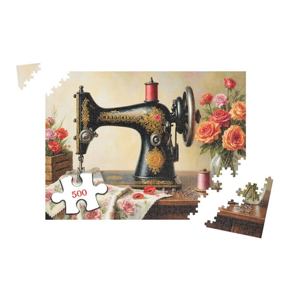 Vintage Floral Sewing Machine 500 Piece Jigsaw Puzzle for Adults, 20.5x15 Inch Large Format Home Decor Activity, Relaxing Creative Pastime, Detailed Embroidery Design Wall Art