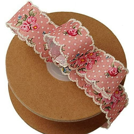 Vintage Floral Shabby Chic Ribbon - 1" x 10 Yards, Pink Ribbon with White Swiss Dots and Scalloped Stitched Edges, Wreath, Gifts, Valentine's Day, Corsage, Wedding, Christmas