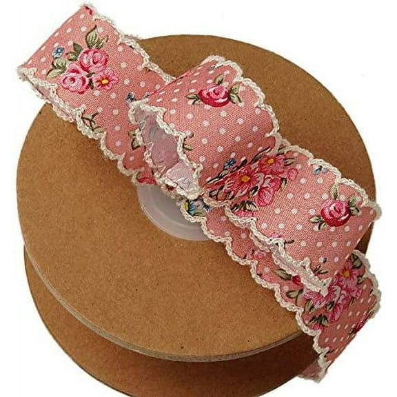 Vintage Floral Shabby Chic Ribbon - 1" x 10 Yards, Pink Ribbon with White Swiss Dots and Scalloped Stitched Edges, Wreath, Gifts, Valentine's Day, Corsage, Wedding, Christmas