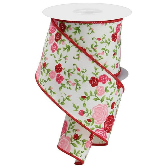 Vintage Floral Shabby Chic Ribbon - 2 1/2" x 10 Yards, Wired Edges, Pink & Red Roses, Green Vines, Wedding, Spring, Wreath, Christmas, Valentine's Day, Easter