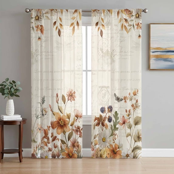 Vintage Floral Sheer Curtains 108 Inch Length 2 Panels Set Window Treatments, Spring Flowers Eucalyptus Leaves Rod Pocket Semi Curtains for Living Room/Bedroom/Kitchen Décor, 104"W x 108"L