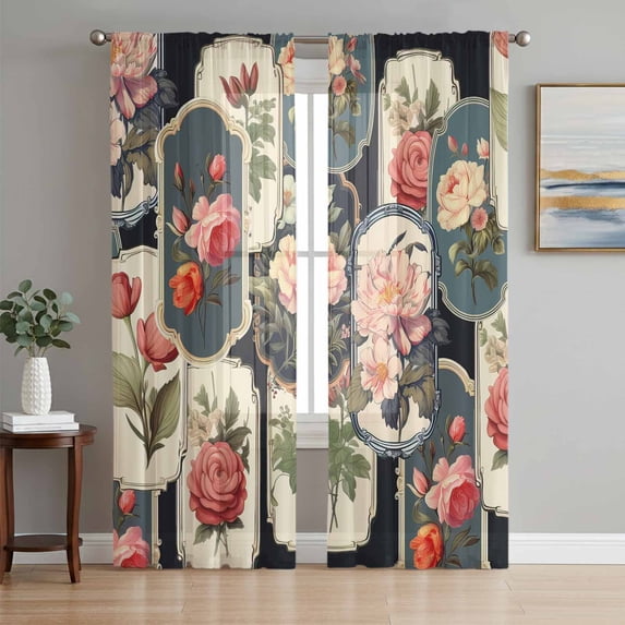 Vintage Floral Sheer Curtains 63 Inch Length 2 Panels Set, Abstract Art Garden Flowers Voile Window Treatment Rod Pocket Curtains Sheers Drapes for Bedroom/Living Room/Kitchen 52x"63"x2