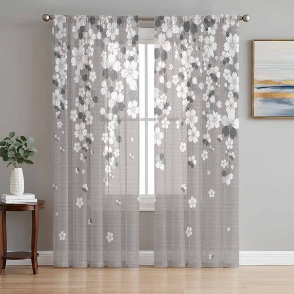 Vintage Floral Sheer Curtains 72 Inch Length 2 Panels Set, White Cherry Flowers Blossom Spring Gray Voile Window Treatment Rod Pocket Curtains Sheers Drapes for Bedroom/Living Room/Kitchen 52"x72"x2