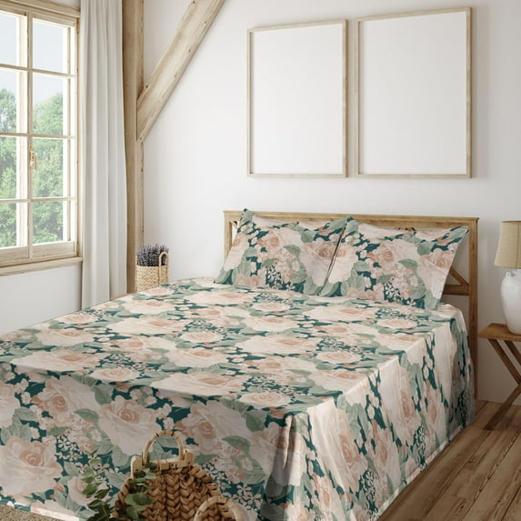 Vintage Floral Sheet Set, Dreamy Jungle Flowers Pattern with Leaves Greenery Neutral Boho, Fitted & Flat Sheet with Pillowcase Bedding Accent 4 Pcs Set, King, Pale Peach Reseda Green, by Ambesonne