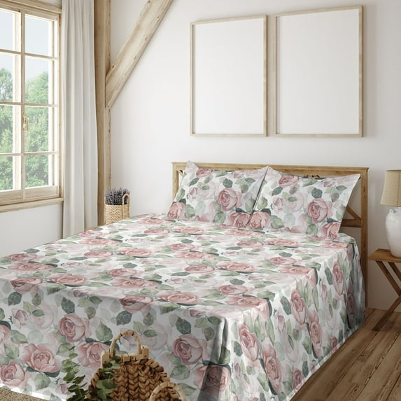 Ambesonne Vintage Floral Fitted & Flat Sheet with Shams 4 Pcs Set, English Roses Print, King, Blush and Sage Green