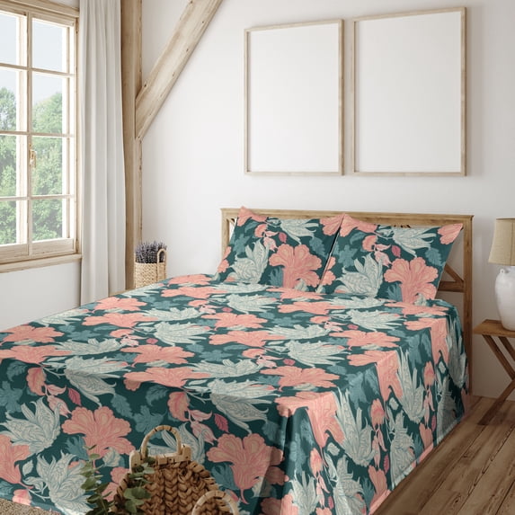 Ambesonne Vintage Floral Fitted & Flat Sheet with Sham 3 Pcs Set, Flowers Cottagecore, Twin XL, Dark Teal Coral