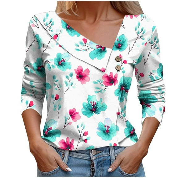 Vintage Floral Shirt for Women Vneck Button Blouses Casual Clothing Summer Tees Lady Shirt