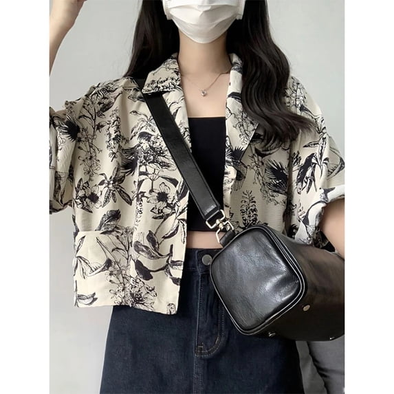 Vintage Floral Shirts Women Print Short Sleeve Crop Blouses Summer Streetwear Harajuku Korean Loose Casual All Match Tops