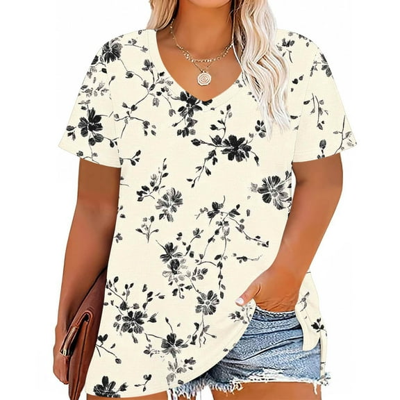 Vintage Floral Shirts for Women Plus Size Blouses Short Sleeve Vneck Outfits Summer Tee 2025