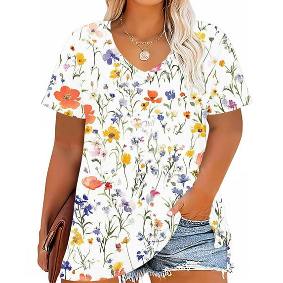 Vintage Floral Shirts for Women Plus Size Blouses Short Sleeve Vneck Outfits Summer Tee 2025