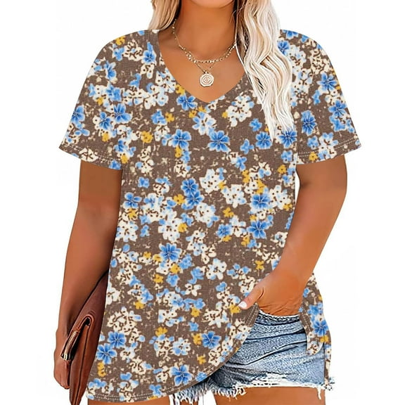 Vintage Floral Shirts for Women Plus Size Blouses Short Sleeve Vneck Outfits Summer Tee 2025