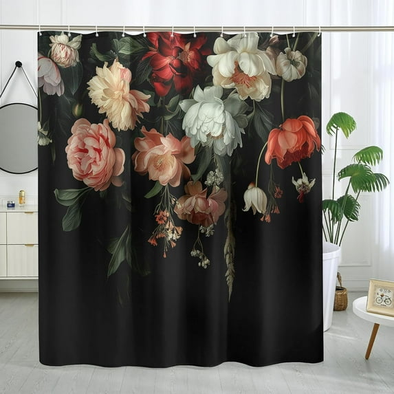Vintage Floral Shower Curtai Flower Plant Art Shower Curtain Botanical Bathroom Decor Polyester Fabric-72" x 72"