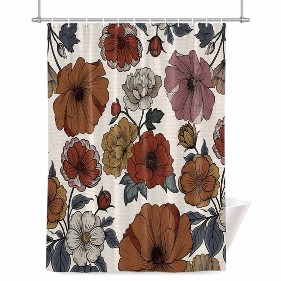 Vintage Floral Shower Curtain, 72" x 84", Red Pink Yellow White Flowers Retro Linen Waterproof Bathroom Curtain Washable Shower Curtain Set with 12 Hooks