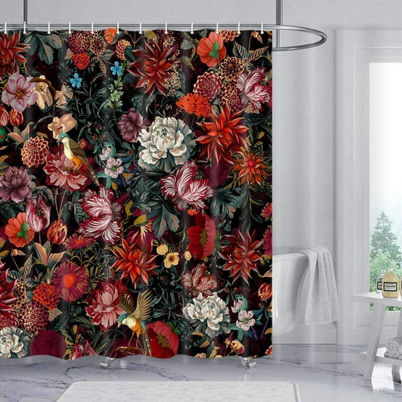 Vintage Floral Shower Curtain for Bathroom, Black Boho Floral Shower Curtain Farmhouse Flowers Bathroom Curtains Bohemian Flower Waterproof Bath Curtains with 12 Hooks, 60x72 inch