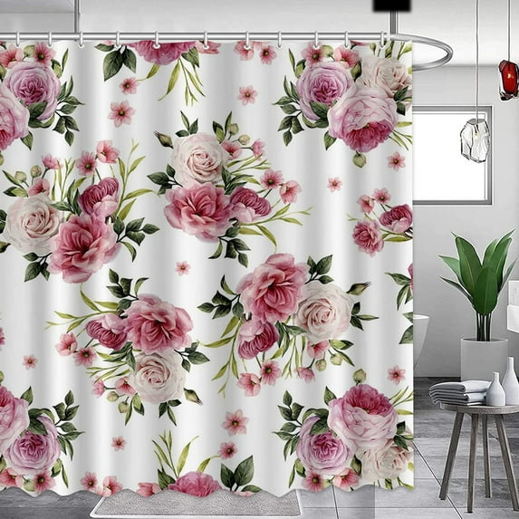 Vintage Floral Shower Curtain Home Decor Pink Peony Rose Shower Curtains for Bathroom Botanical Plant Green Leaves Polyester Fabric Waterproof Flower Bathroom Curtain with 12 Hooks 72"*72"