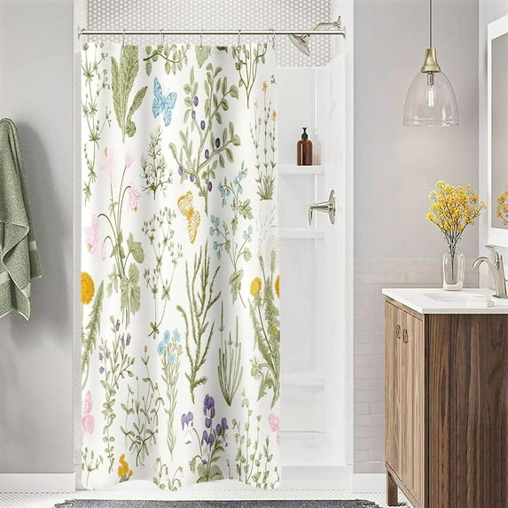 Vintage Floral Shower Curtain, Sage Green Retro Botanical Shower Curtain Set, Cute Fun Boho Plant Herbs Flower Butterfly Aesthetic Shower Curtain for Cottagecore Bathroom 72x72 Beige