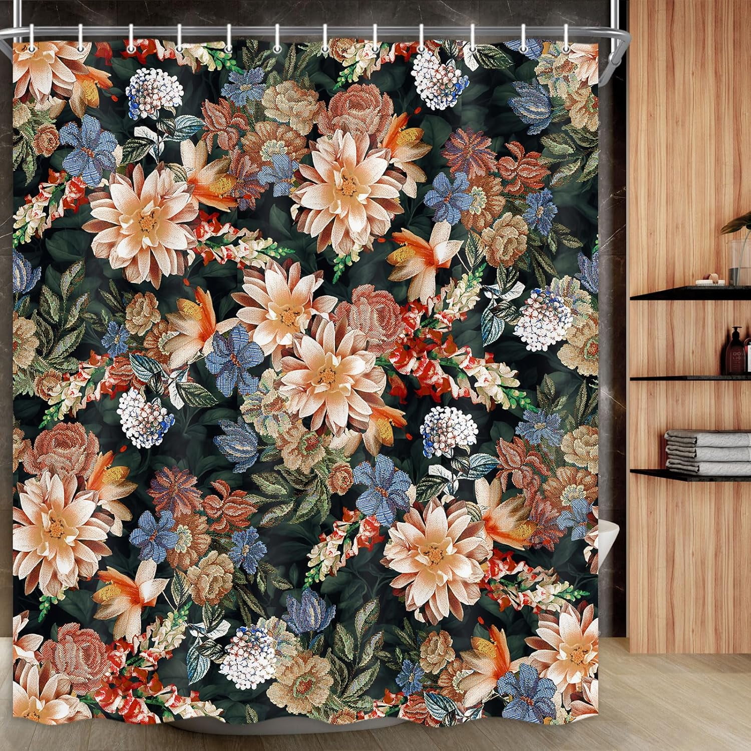 Vintage Floral Shower Curtain Set - Blue Flower Plants, Boho Style with ...