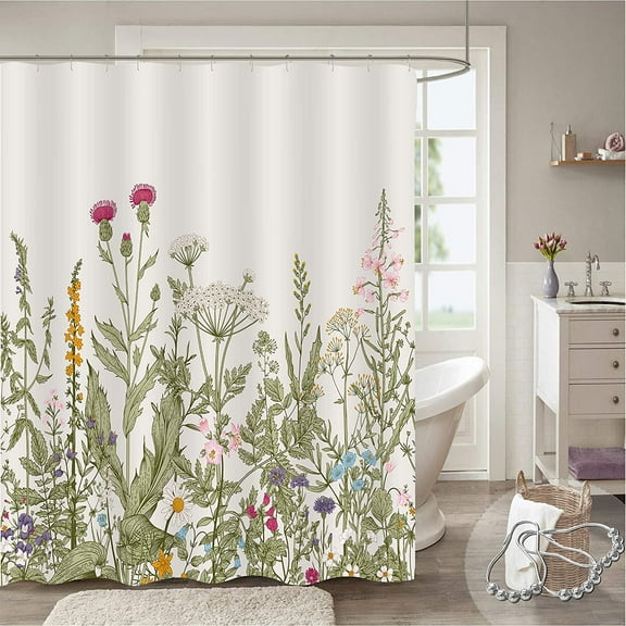 Vintage Floral Shower Curtain, Spring Colorful Wild Flowers Green Herbs Boho Plant Nature Shower Curtain, Cottagecore Aesthetic Shabby Chic Fabric Shower Curtain for Bathroom Decor, 72 x 72