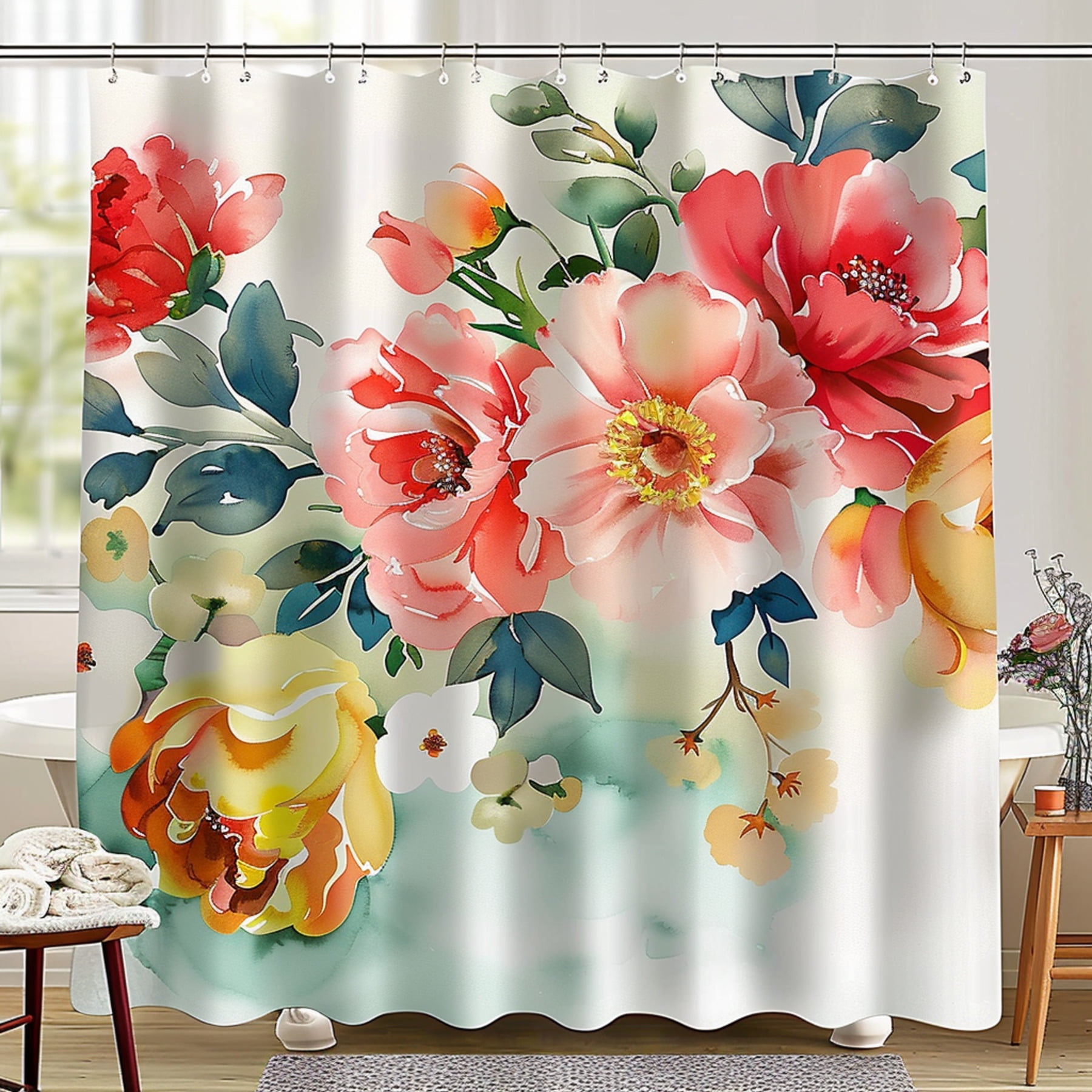 Vintage Floral Shower Curtain Watercolor Flowers on White Background