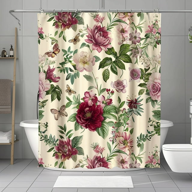 Vintage Floral Shower Curtain with Butterflies and Roses Pink Cream