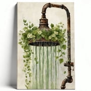 Vintage Floral Showerhead Framed Canvas Wall Art - Rustic Botanical Bathroom Plant Artwork Print, Boho Greenery Flower Shower Painting, Farmhouse Home Decor For Bathroom, Living Room 12*18inch