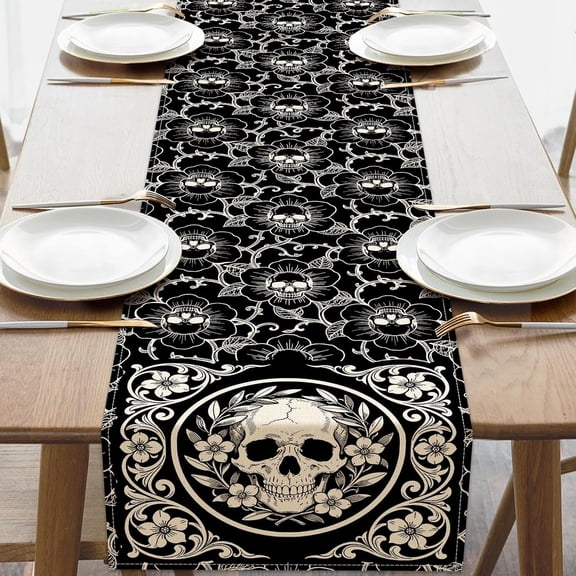 Vintage Floral Skull Vine Dining Table Runner, Gothic Halloween Skeleton Flower Linen Kitchen Decoration, Gothic Farmhouse Indoor Outdoor Home Decor Party Supply 13''x72''