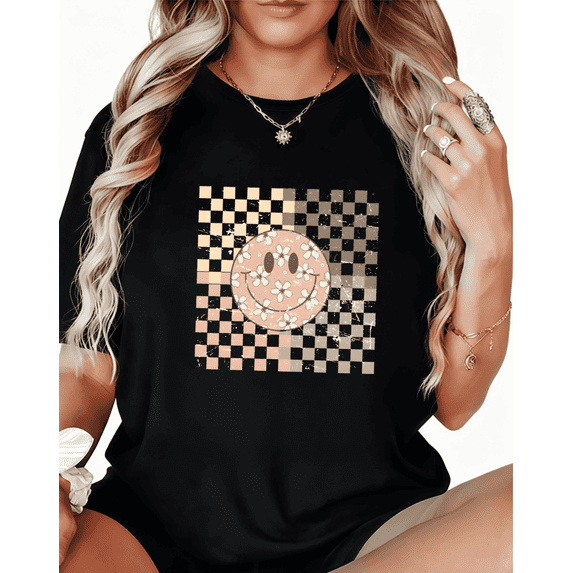Retro Checkerboard Smiley Daisy Print Tshirt Graphic Tees Vintage Cute Shirts Black S-5XL Classy Cotton Graphic Tops