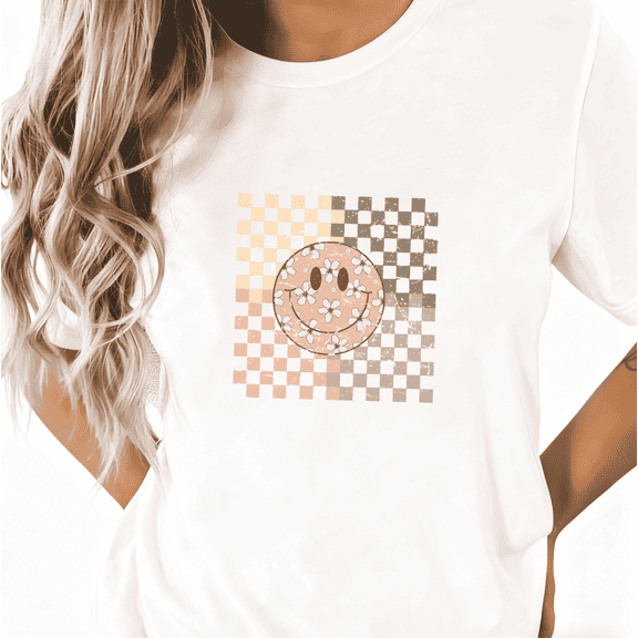 Retro Checkerboard Smiley Daisy Print Tshirt Graphic Tees Vintage Cute Shirts White S-5XL Classy Cotton Graphic Tops