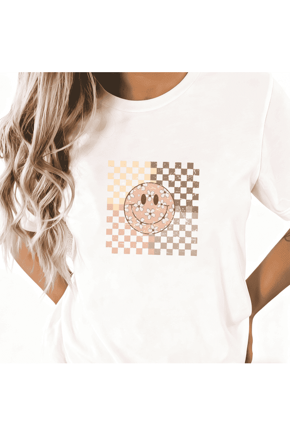 Vintage Floral Smile Face Checkerboard Graphic Tees Print Tshirt Women Shirts White Black S-5XL Cotton Y2K Casual Tops