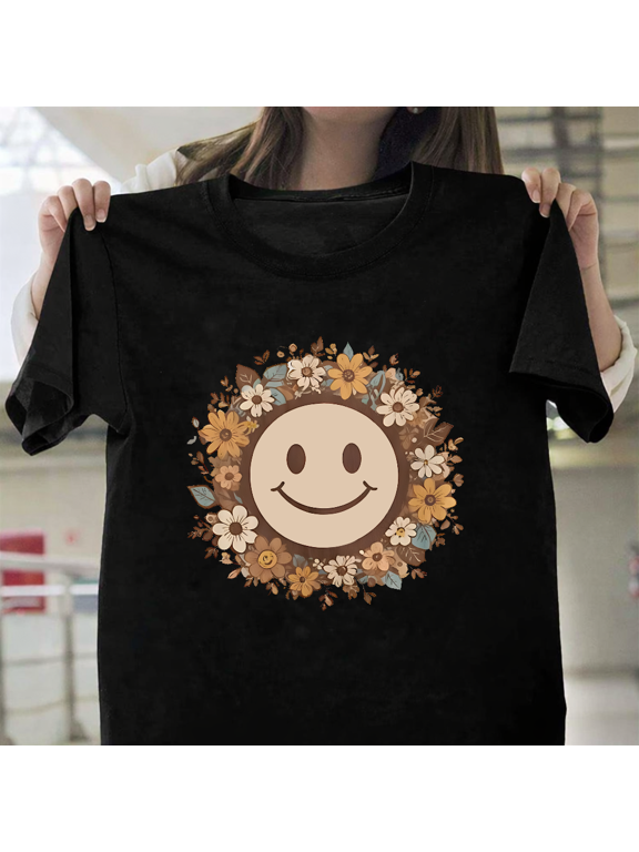 Vintage Floral Smiley Face Retro Design Happy Vibes Unisex T-Shirt, up to size 3XL.