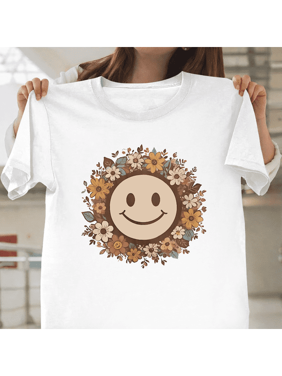 Vintage Floral Smiley Face Retro Design Happy Vibes Unisex T-Shirt, up to size 3XL.