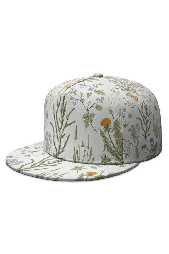 Vintage Floral Snapback Hat, Adjustable Baseball Cap with Wildflower Illustration, Breathable Flat Brim Back