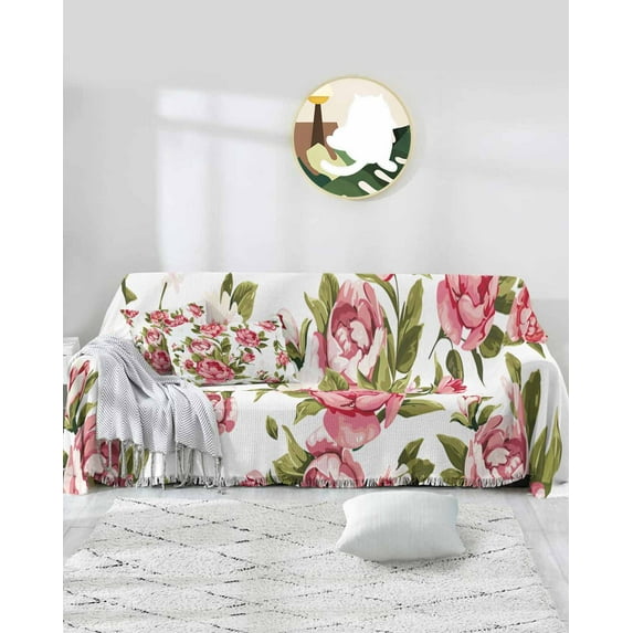 Vintage Floral Sofa Covers for 3 Cushion,Washable Couch Cover for Sectional Sofa Slipcovers with Tassel,Botanical Flower Watercolor Pink Sage Green Loveseat Covers Futon Cover Throw Blanket 71x118