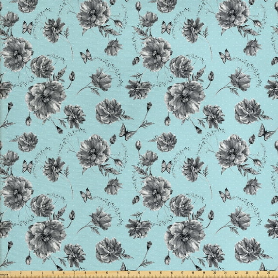 Ambesonne Vintage Fabric by the Yard Upholstery, Monochrome WildFlowers, 5 Yards, Charcoal Grey Pale Blue