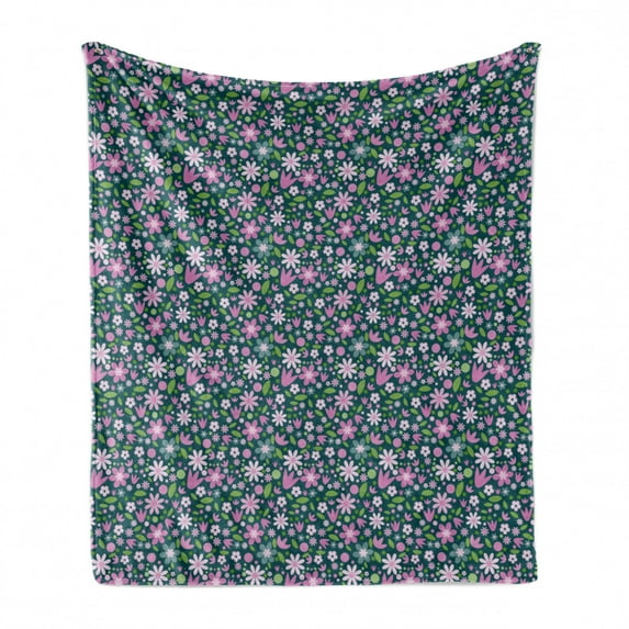 Vintage Floral Soft Flannel Fleece Throw Blanket, Pinkish Flowers and Leaves Pattern Abstract Circles Shapes, Cozy Plush for Indoor and Outdoor Use, 70" x 90", Dark Teal Pink and Green, by Ambesonne