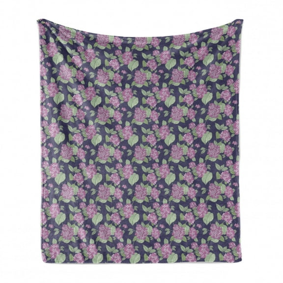 Vintage Floral Soft Flannel Fleece Throw Blanket, Repetitive Lilac Flowers and Leaves in Repeated Style, Cozy Plush for Indoor and Outdoor Use, 50" x 70", Dark Indigo and Pale Fuchsia, by Ambesonne