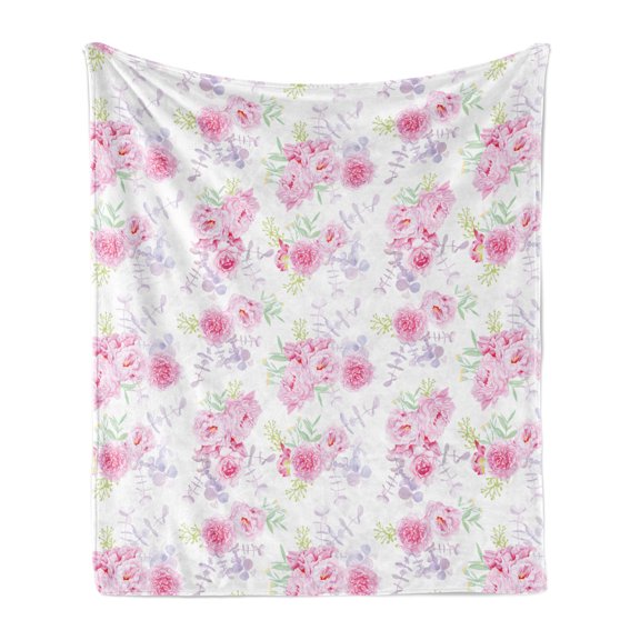 Vintage Floral Soft Flannel Fleece Throw Blanket, Romantic Roses Illustration in Watercolor Style Flowers and Leaves Motif, Cozy Plush for Indoor and Outdoor Use, 50" x 60", Multicolor, by Ambesonne