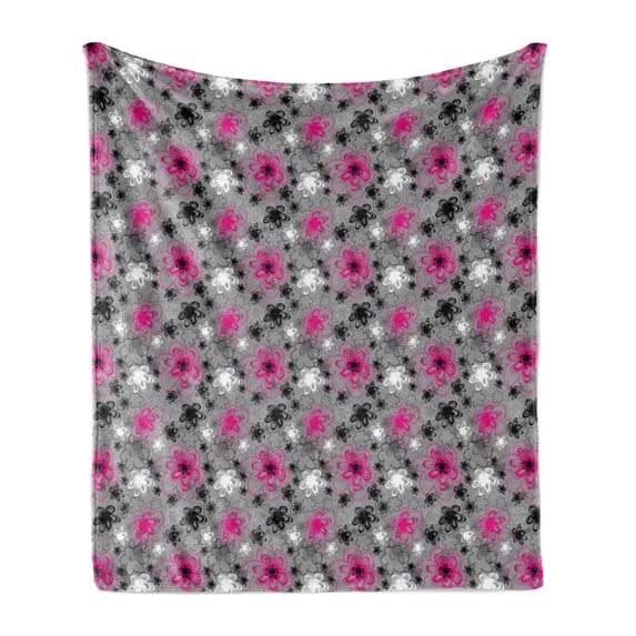 Vintage Floral Soft Flannel Fleece Throw Blanket, Vibrant Colored Free Hand Drawing Style Blossoms Antique Retro, Cozy Plush for Indoor and Outdoor Use, 50" x 60", Hot Pink Black Grey, by Ambesonne